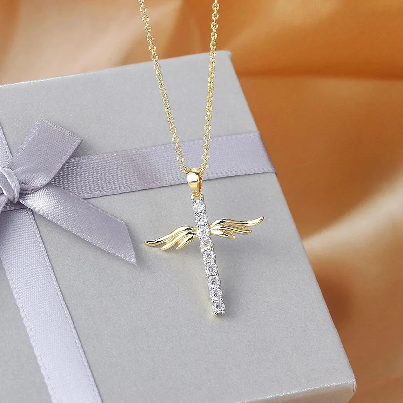 Best necklaces and pendants with opal and gold for a vibrant, luxurious contrast-Guardian Angel Cross Necklace