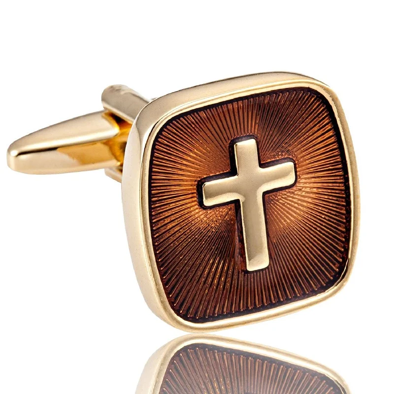 Necklaces and pendants with abstract shapes for a modern, creative appearance-Urban Jewelry Amazing Mens Stainless Steel Cufflinks with Golden Holy Cross