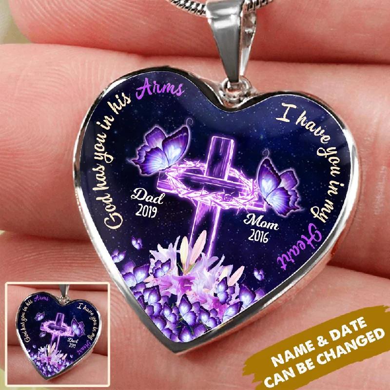 Best necklaces and pendants with heart-shaped designs for a romantic look-Personalized Purple Butterflies Cross Memorial Heart Necklace