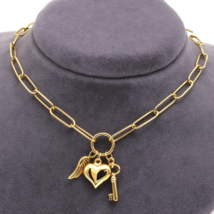 Best necklaces and pendants with intertwined designs for a symbol of unity-Real Gold Paper Clip Chain Necklace with 3D Heart Key and Wings Charms (40 C.M) 1404 N1450