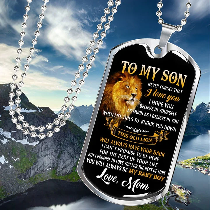 Stunning necklaces and pendants with sapphire gemstones for a luxurious blue hue-Lion To My Son Dog Tag Necklace