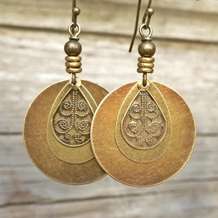 Drop Earrings for Fitness Activities -Wholesale Bohemian Retro Ethnic Style Bronze Circle Carved Earrings