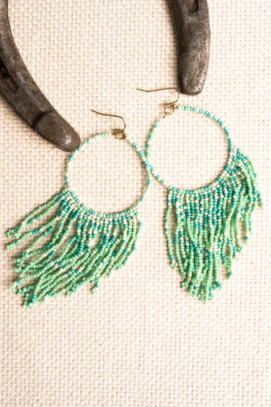 Heavy Duty Drop Earrings for Durability -SALE! Mint Seed Bead Teardrop Fringe Earrings