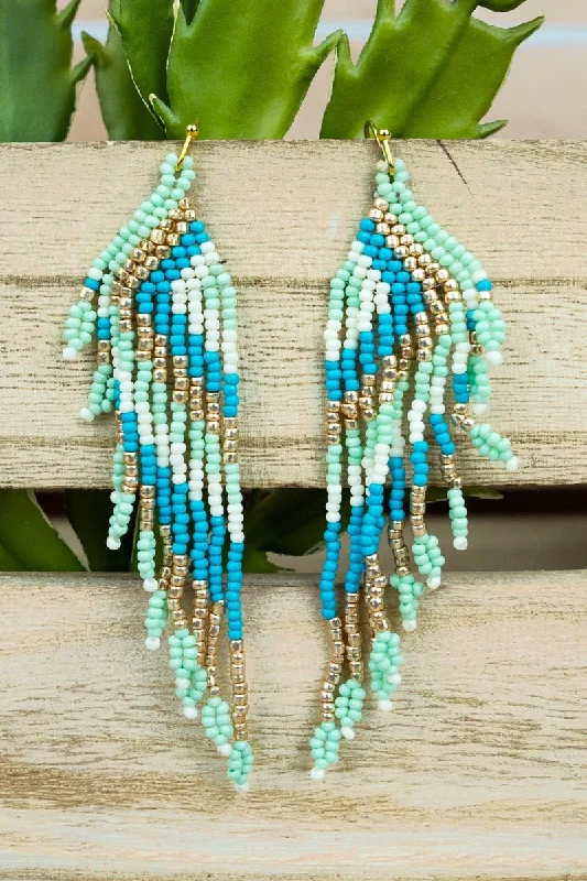 Rhinestone Drop Earrings for Sparkle -SALE! Angel Trail Mint Multi Seed Bead Fringe Earrings