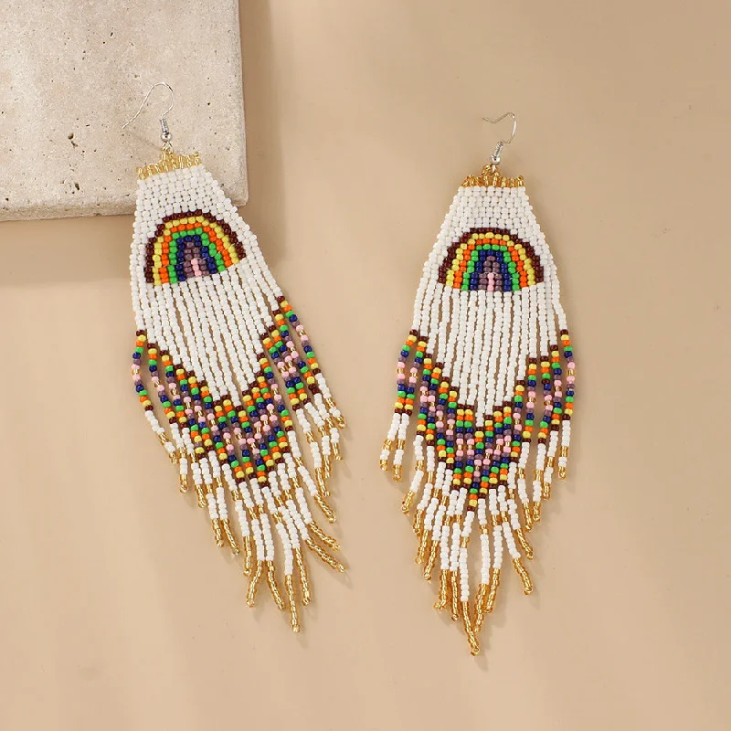 Drop Earrings with Vine Designs -Wholesale Ethnic Style Braided Rice Beads Tassel Earrings