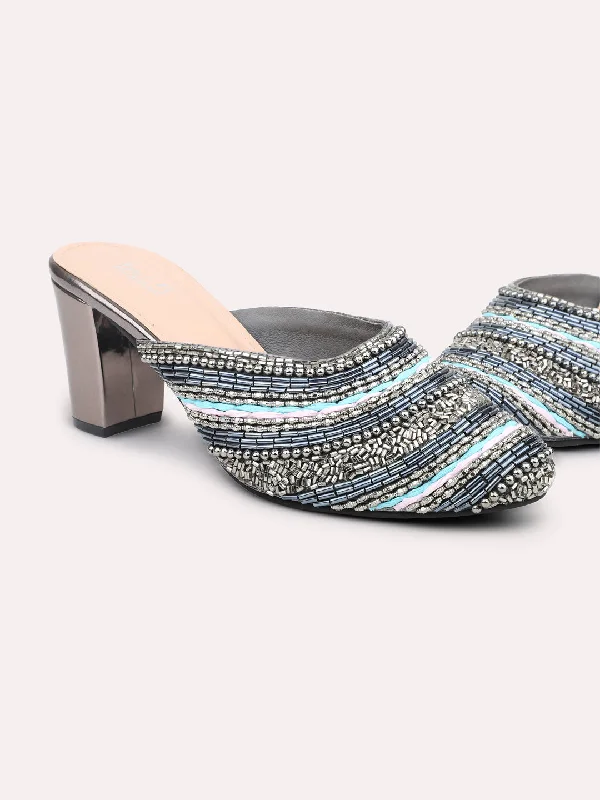 Elegant sandals for evening events with satin finish and embellished details-Women Pewter Ethnic Embellished Block Mules Heels