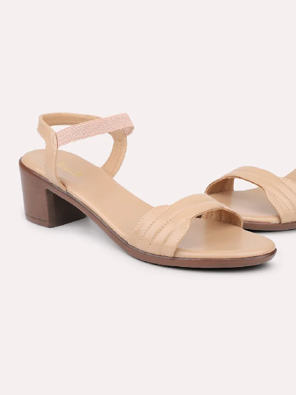 Elegant sandals for women with high heels and lace-up design for formal events-Women Beige Solid Block Heels