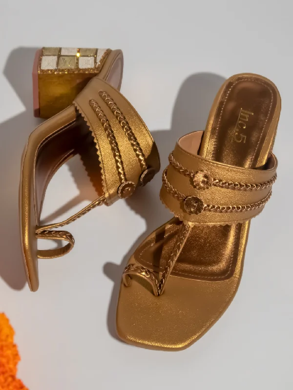 Boho-inspired sandals for women with braided straps and earthy tones-Women Antique Embellished One-Toe Block Heels