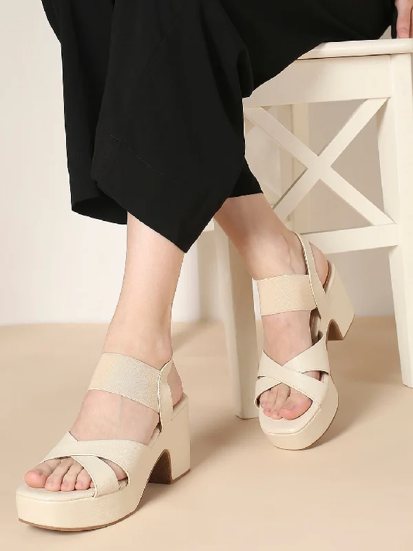 Elegant sandals for women with rhinestone detailing for glamorous summer parties-Women Cream Criss-Coss Platform Heels With Backstrap