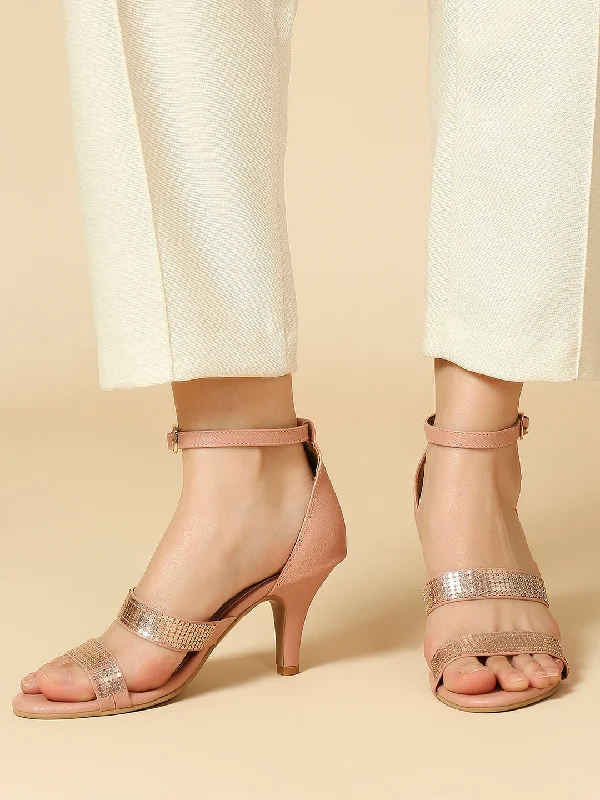 Elegant sandals for women with rhinestone detailing for glamorous summer parties-Women Peach Embellished Mid-Top Slim Heels