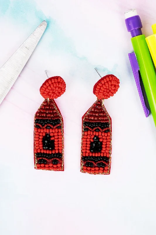 Animal Print Drop Earrings for Fun -SALE! Red Crayon Seed Bead Earrings