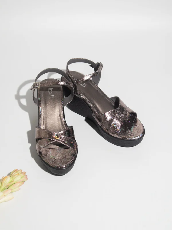 Comfortable sandals for women with cushioned soles and adjustable straps-Women Pewter Embellished Open Toe Wedges Heels