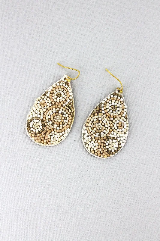 Short Drop Earrings for Subtle -SALE! Ivory Multi-Color Seed Bead Mosaic Circles Teardrop Earrings