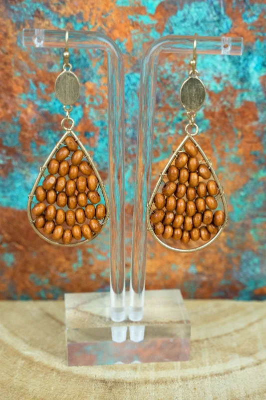 Drop Earrings with Floral Motifs -SALE! Brown Whitecoast Wooden Bead Teardrop Earrings