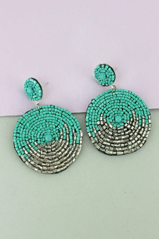 Gothic Drop Earrings with Dark Tone -SALE! Turquoise and Silver Tube Seed Bead Disk Earrings