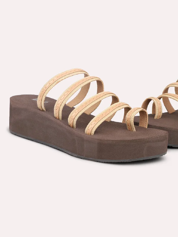 Stylish sandals for women with metallic leather straps and cushioned footbed-Women Beige Striped One Toe Wedges Heels