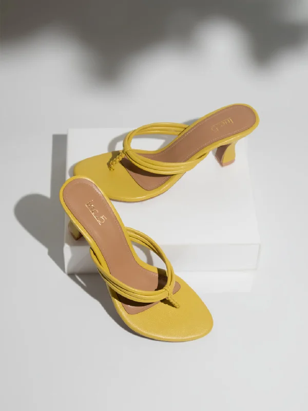 Elegant sandals for women with metallic straps and open-toe design for parties-Women Yellow Striped Open Toe Kitten Heels