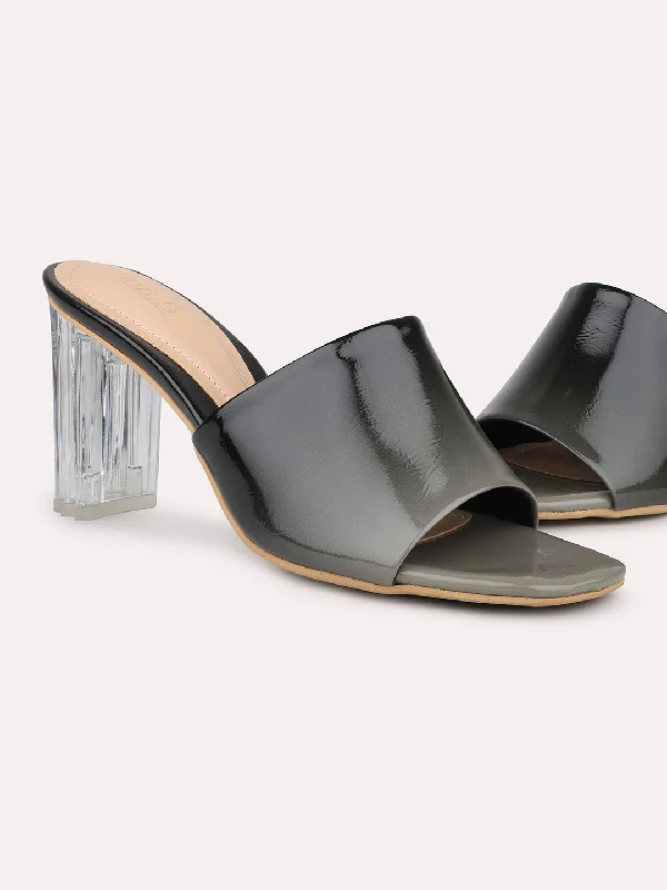 Comfortable sandals for women with cross-over straps and padded footbed for support-Women Grey And Black Colourblocked Open Back Block Heels