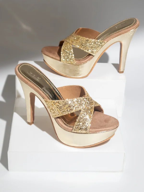 Casual sandals for women with cork footbed and crisscross strap design for style-Women Gold Embellished Platform Heels