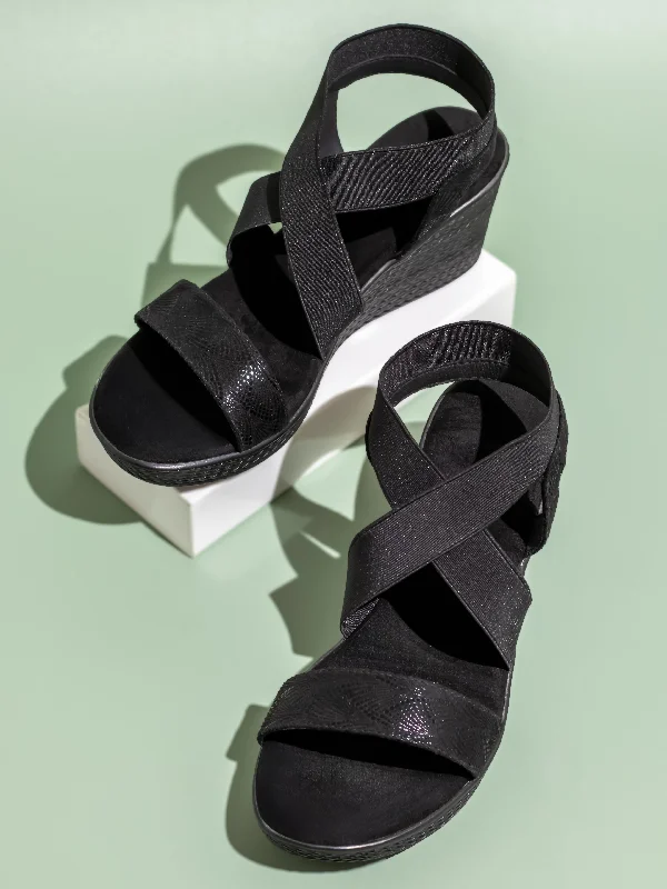 Stylish sandals for men with sporty design and adjustable straps for custom fit-Women Black Textured Open Toe Wedge Heels