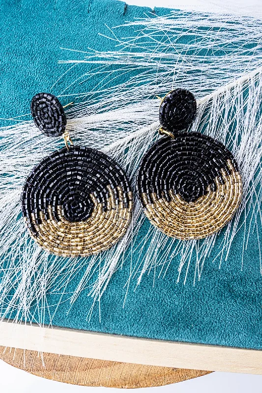 Celtic Drop Earrings with Knotwork -SALE! Black and Gold Tube Seed Bead Disk Earrings