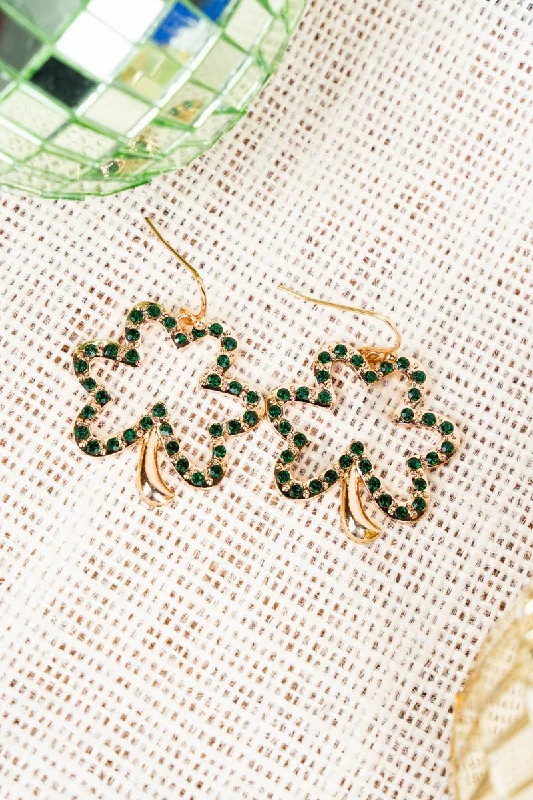 Drop Earrings with Polished Shine -Green Crystal and Goldtone Shamrock Earrings