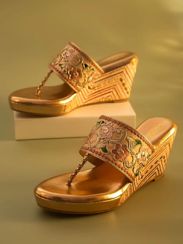 Elegant sandals for women with metallic straps and open-toe design for parties-Women Rose Gold Embellished Ethnic Wedge Heels