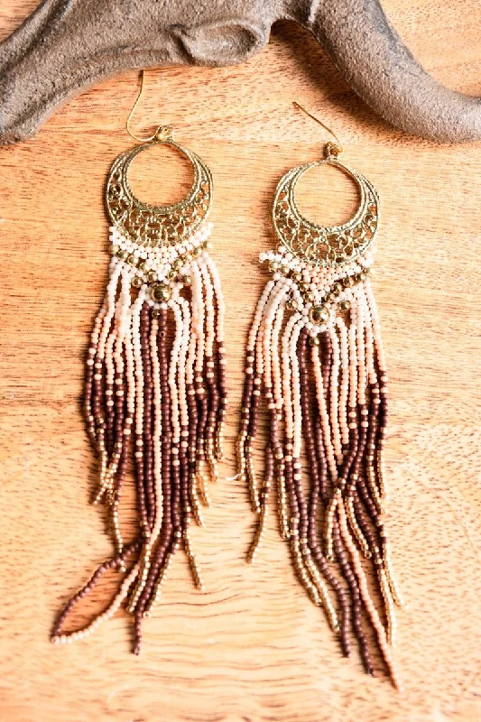 Drop Earrings for Concert Look -SALE! Harlen Peach Seed Bead Fringe Earrings