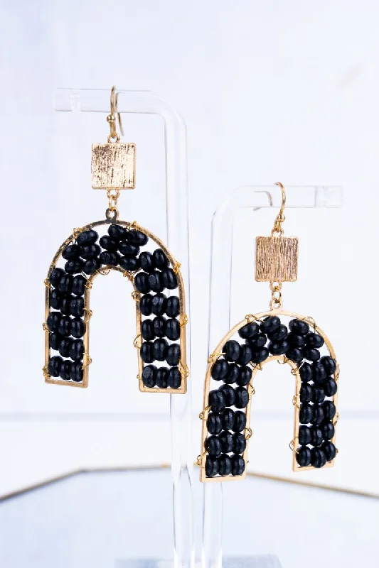 Drop Earrings with Symbolic Elements -SALE! Black Westcoast Wooden Bead Arch Earrings