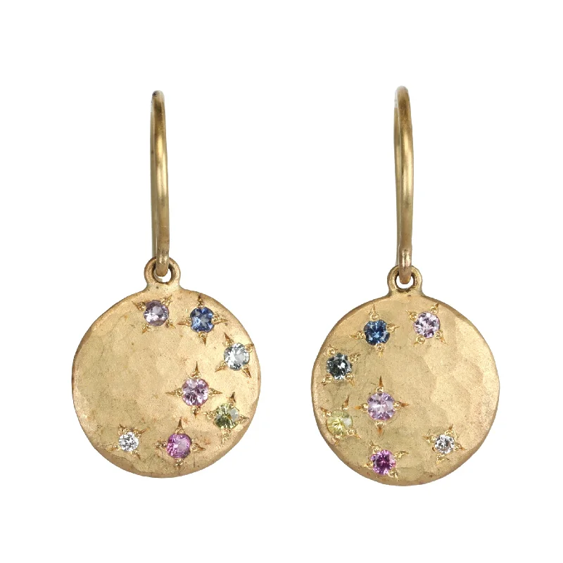 Detachable Drop Earrings with Charms -18K Gold Disc "Sprinkle" Earrings with Star-Set Diamonds & Multicolor Sapphires