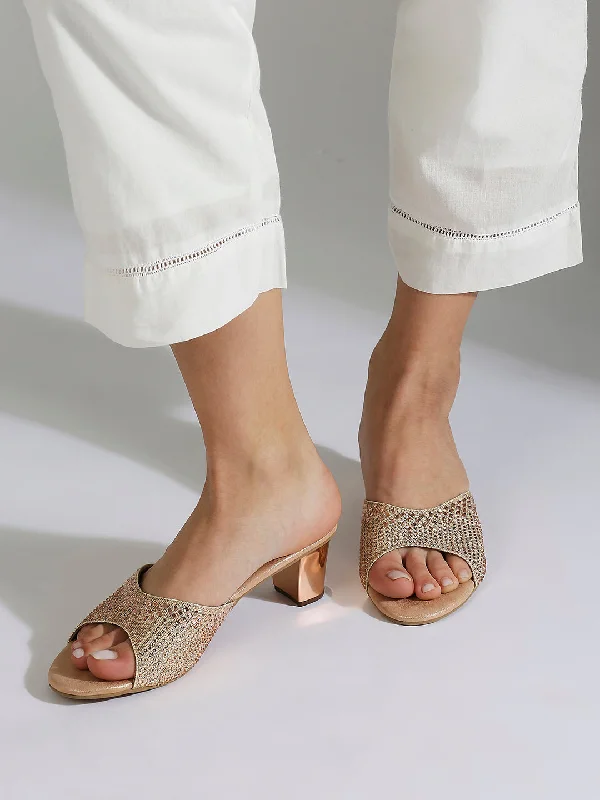 Casual sandals for women with thong design and padded footbed for everyday comfort-Women Rose Gold Embellished Ethnic Block Heels