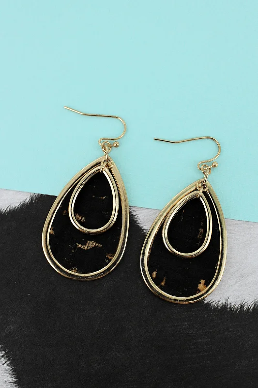 Drop Earrings for Anniversary -SALE! Goldtone and Black Cork Layered Teardrop Earrings