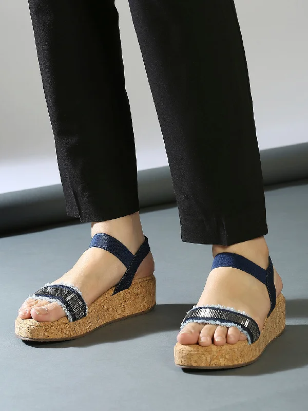 Comfortable sandals for men with mesh lining and slip-on convenience for comfort-Women Navy Cork Finish Embellished Wedge Heels With Backstrap