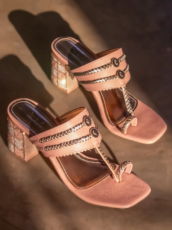 Summer sandals for women with breathable design and comfortable fit-Women Peach Embellished One-Toe Block Heels