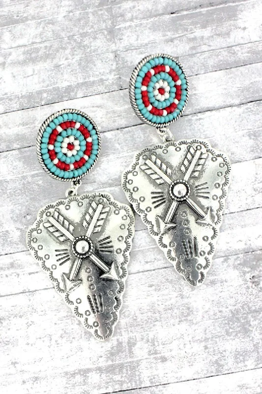 Indian Drop Earrings with Intricacy -SALE! Turquoise Multi Silvertone Kingsville Arrow Earrings