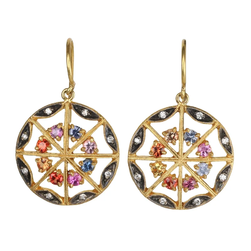 Drop Earrings with Etched Designs -22K Gold & Sapphire "Ferris Wheel" Earrings with Diamond Details