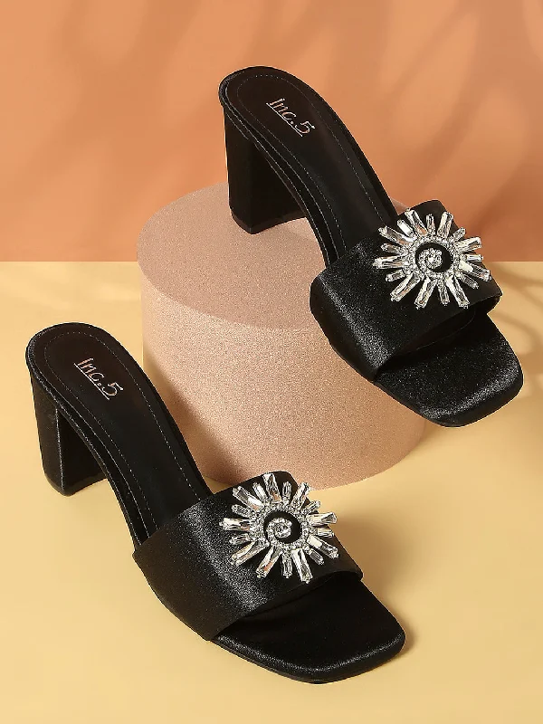 Casual sandals for women with thong design and padded footbed for everyday comfort-Women Black Embellished Party Block Heels