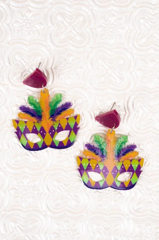 Ethnic Drop Earrings with Tribal Design -Mardi Gras Masquerade Mask Earrings