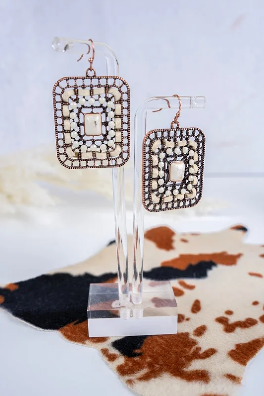 Waterproof Drop Earrings for Outdoor -SALE! Cedar Lake White Coppertone Rectangle Earrings