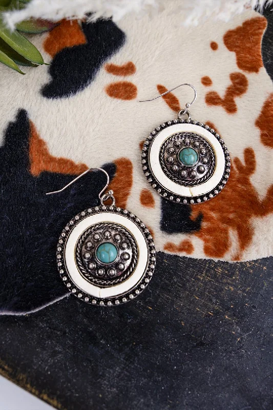 Drop Earrings for Birthday Celebration -SALE! White and Turquoise Faux Leather Jacy Concho Earrings