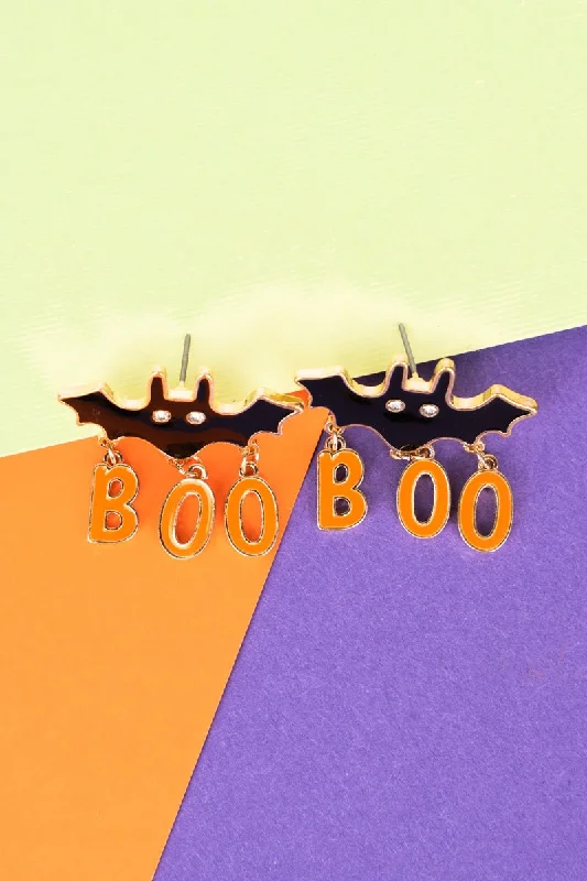 Drop Earrings for School Uniform -Orange and Black Charming Boo Bat Earrings