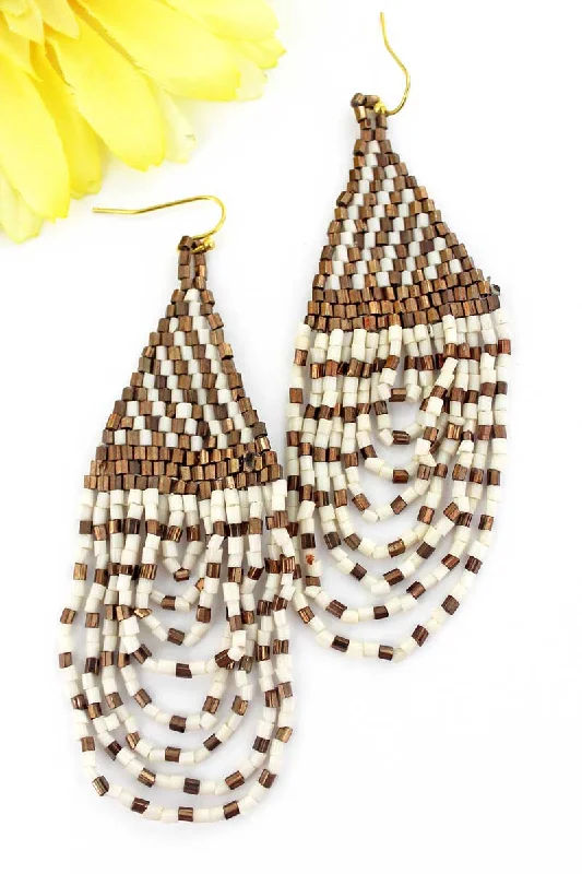 Drop Earrings with Matte Finish -SALE! Soarin' White Seed Bead Fringe Earrings