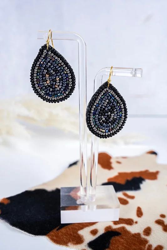 Drop Earrings with Textured Surface -SALE! Raina Black Seed Bead Teardrop Earrings