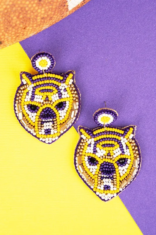 Drop Earrings with Chevron Designs -Viola Purple Tiger Seed Bead Earrings