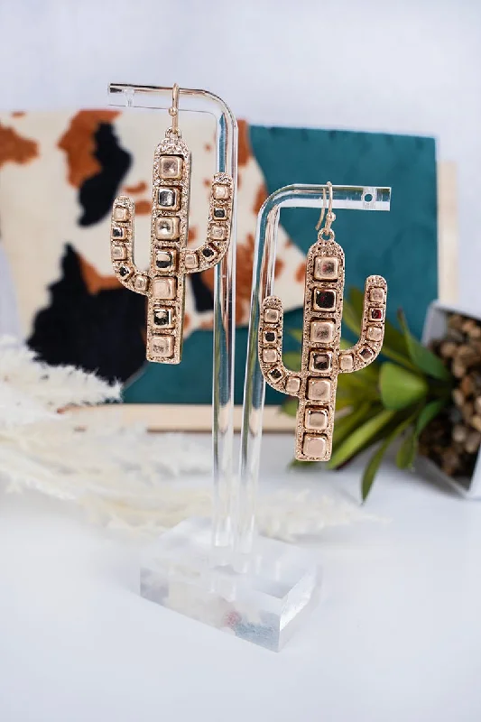 Gold Drop Earrings for Women -SALE! Worn Goldtone Cube Bead Cactus Earrings