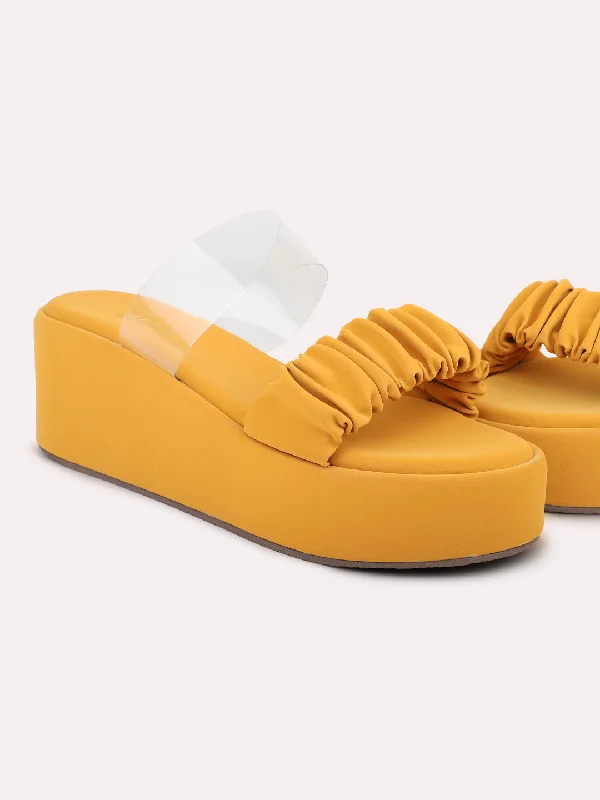 Comfortable sandals for women with contoured footbed and easy-to-adjust straps-Women Mustard Open Toe Wedges Heels