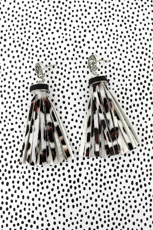 Drop Earrings with Keyhole Designs -SALE! Silver Glitter Disk Leopard Tassel Earrings