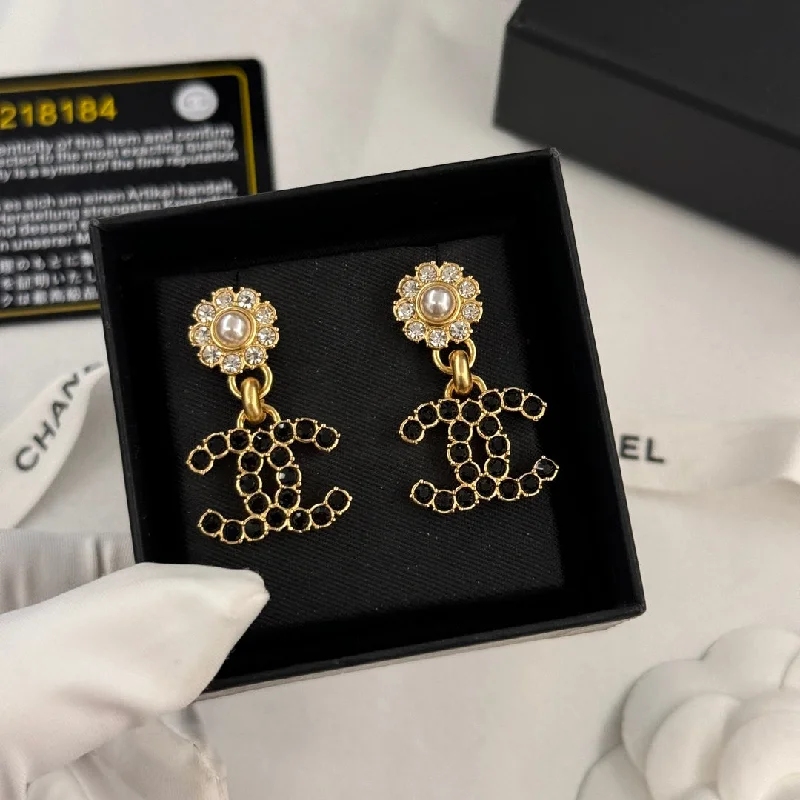 Drop Earrings for Wellness Routine -Pearl Flower Black Diamond Gold Earrings EHC151