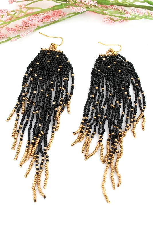 Hypoallergenic Drop Earrings for Sensitive -SALE! Black and Gold Seed Bead Fringe Earrings