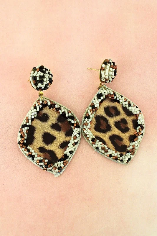 Drop Earrings with Chevron Designs -SALE! Ivory Seed Bead Trimmed Leopard Diamond Earrings